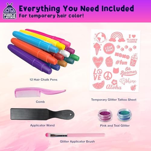 Hypoallergenic temporary hair color kit contents including body glitter and glitter tattoos