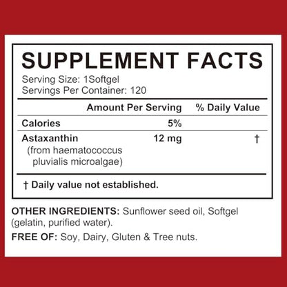 High-strength twelve milligram microalgae antioxidant capsules displayed next to the supplement bottle.