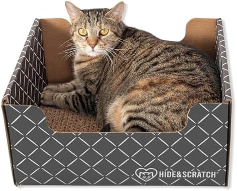 Hide and Scratch refillable cat scratching board and deep lounger box top angle view