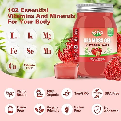ACEYO Irish Sea Moss Gel Strawberry eighteen ounce jar front view showcasing immune booster superfood