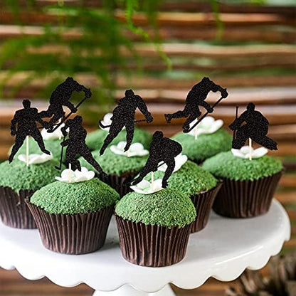 Set of 24 ice hockey sports theme cupcake toppers arranged on a table