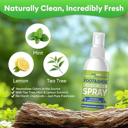 Natural eucalyptus and peppermint shoe spray for smelly feet relief.