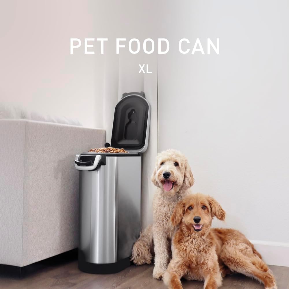 Simplehuman stainless steel pet food bin with lid open