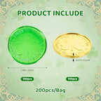 Mixed gold and green shamrock tokens spread across a table surface