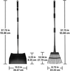 Durable metal yard waste collection pan and rake cleaning up after large pets