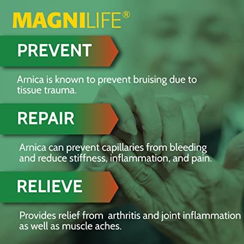 MagniLife Arnica Pain Relief Gel packaging showing ingredients Eucalyptus and Emu Oil