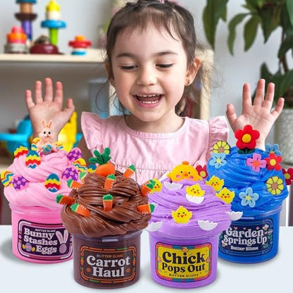 The complete 4-Count Easter slime kit arranged neatly to show the individual egg contents and thematic colors.