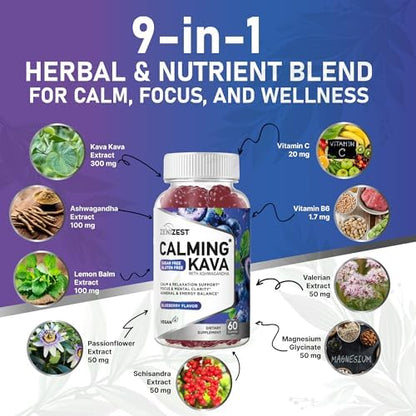ZeniZest Kava Kava 300 milligram dietary supplement bottle packaging highlighting sixty count volume