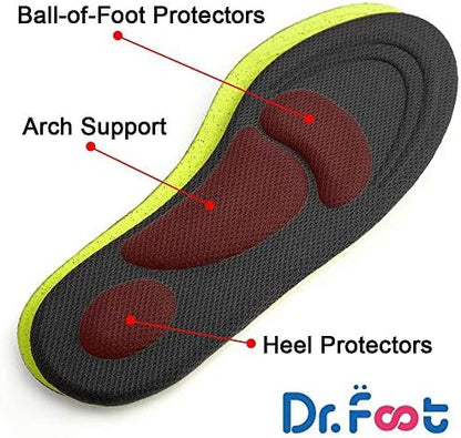 Dr. Foot black foam arch support insoles for plantar fasciitis relief.