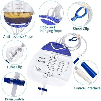 Splash-resistant drain spout detailing on the medical drain bag.