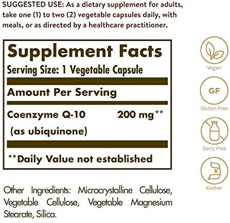 Side view of Solgar Coenzyme Q10 dietary supplement bottle listing vegan and gluten-free ingredients