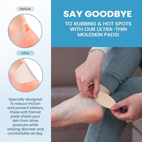 Self-adhesive moleskin pads being applied to a heel for shoe bite protection.
