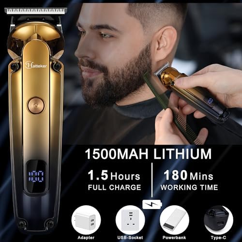Full collection of the six interchangeable trimmer heads and guide combs included in the kit.