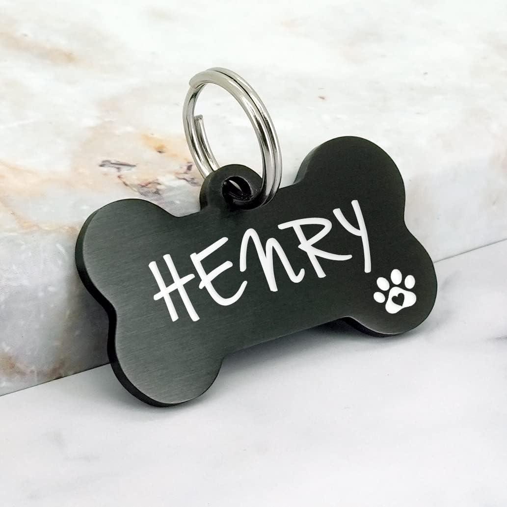 Customizable stainless steel pet identification tag in polished black finish for large dogs.