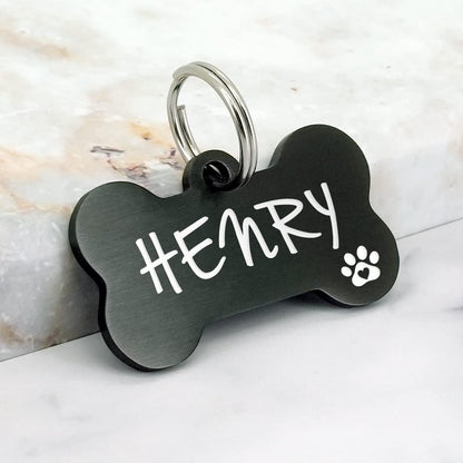 Customizable stainless steel pet identification tag in polished black finish for large dogs.