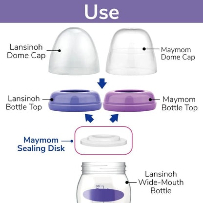 Maymom replacement pump parts assembly showing proper placement on wide mouth feeding bottles.