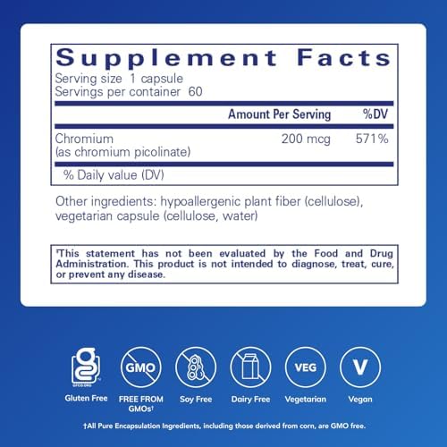 Gluten free and non GMO certified Pure Encapsulations chromium 60 capsules packaging.