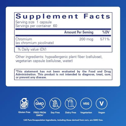 Gluten free and non GMO certified Pure Encapsulations chromium 60 capsules packaging.