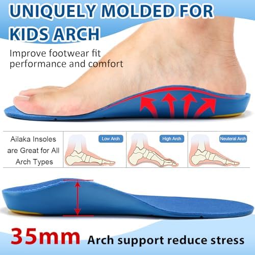 Blue Ailaka children's insoles showing 3.5cm firm arch support structure