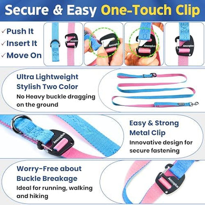 Lightweight pink and blue reflective dog waist leash close-up highlighting the secure adjustment clip.