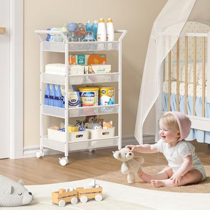 Side view of 4-tier rolling nursery storage utility cart