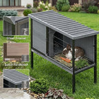 PawHut Elevated Rabbit Hutch with Pull-Out Tray, Wooden Bunny House Rabbit Cage for Outdoor Indoor Use, Openable Plastic Roof, Light Gray - Image 4