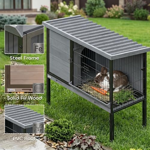 PawHut Elevated Rabbit Hutch with Pull-Out Tray, Wooden Bunny House Rabbit Cage for Outdoor Indoor Use, Openable Plastic Roof, Light Gray - Image 4