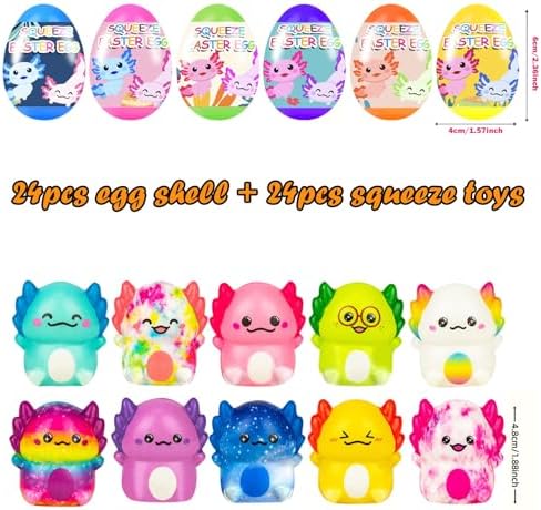 Assorted bright plastic eggs opened to reveal cute miniature slow rising axolotl squishy fidget toys for kids.