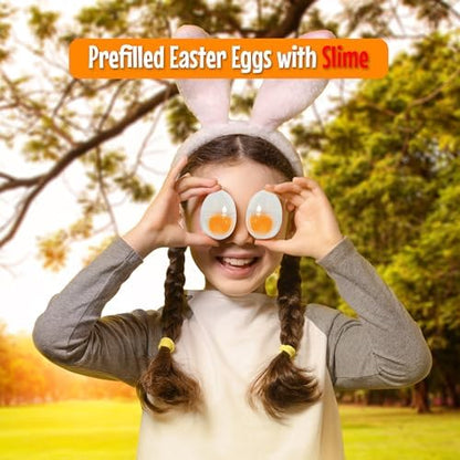 Fun Express toy egg yolk slime poured out of clear plastic shell for sensory play