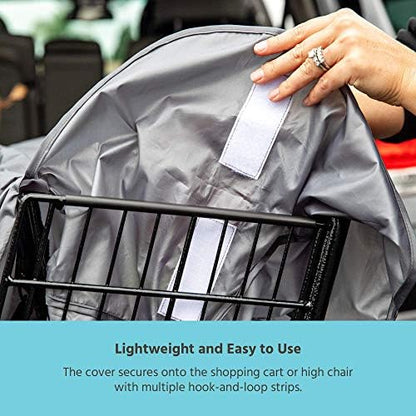 J.L. Childress premium lightweight toddler cart cover folded compactly inside its attached storage pouch