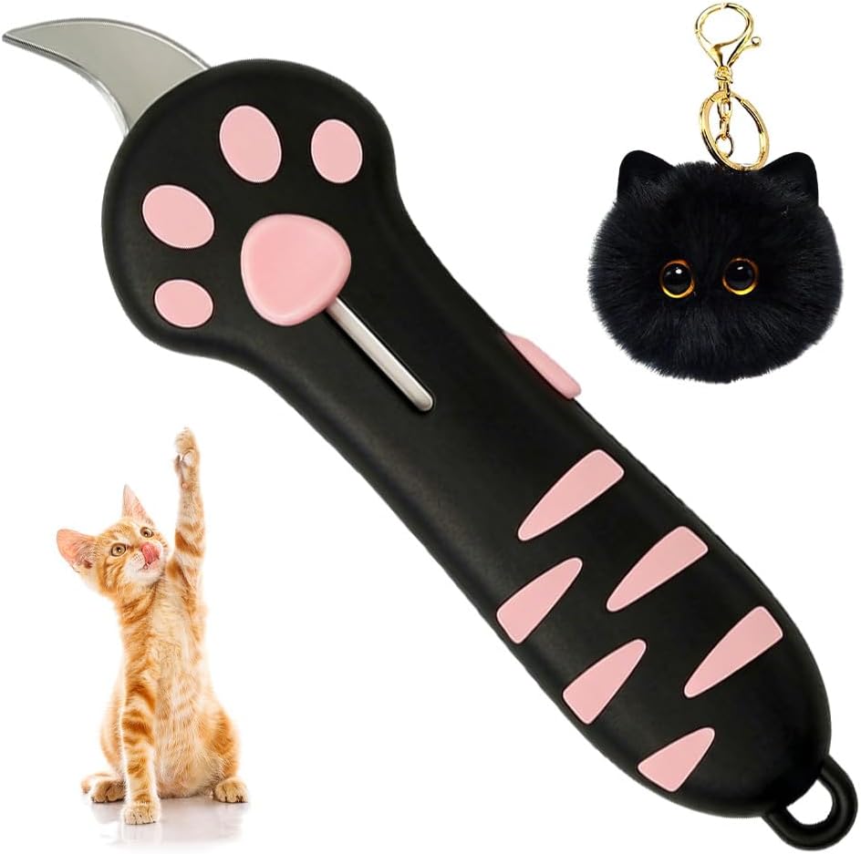Sanvvv cat paw box cutter set front view showing pink utility knife and black plush keychain