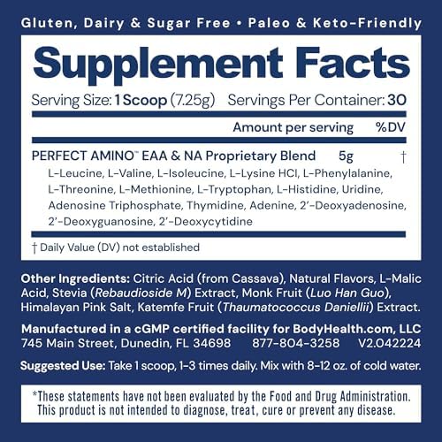 BodyHealth PerfectAmino powder nutritional information supplement facts label