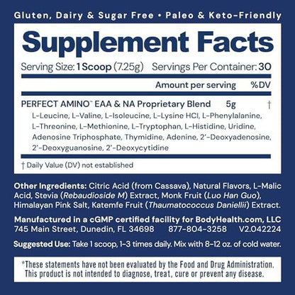 BodyHealth PerfectAmino vegan supplement powder packaging