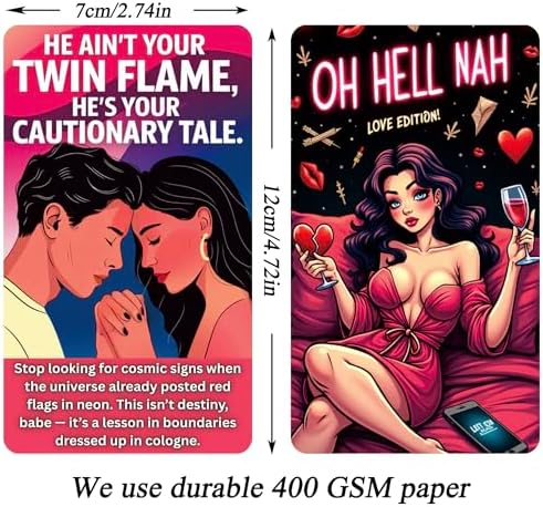 Close-up of specific funny love cards highlighting blunt advice for situationships.