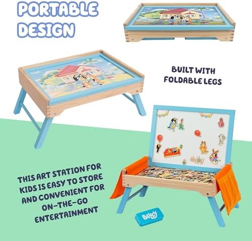 Side view of the portable toddler drawing station demonstrating the integrated canvas storage pockets.