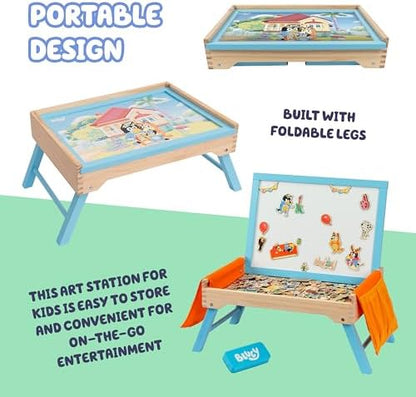 Side view of the portable toddler drawing station demonstrating the integrated canvas storage pockets.
