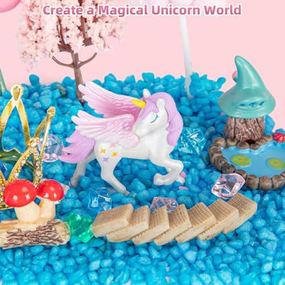 Assembled unicorn garden craft glowing in a dark bedroom setting functioning as a vibrant multicolored kids night light.