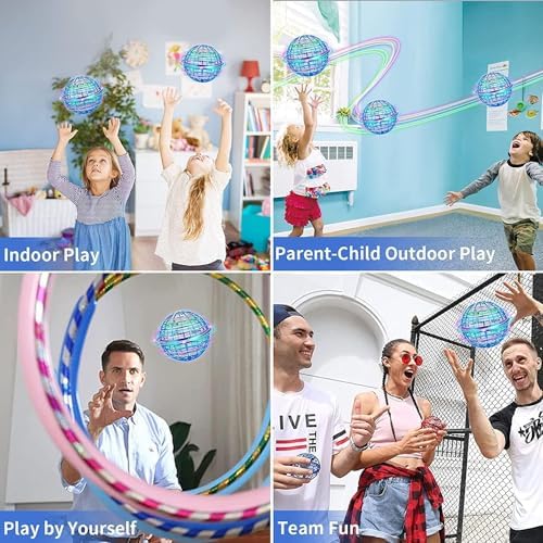 Hand-controlled cosmic hover ball floating in mid-air during indoor family playtime.