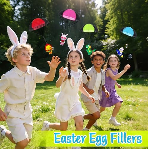 Children playing outdoors with non toxic manual operation parachute figurines launched high in the air.