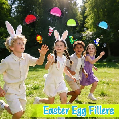 Children playing outdoors with non toxic manual operation parachute figurines launched high in the air.