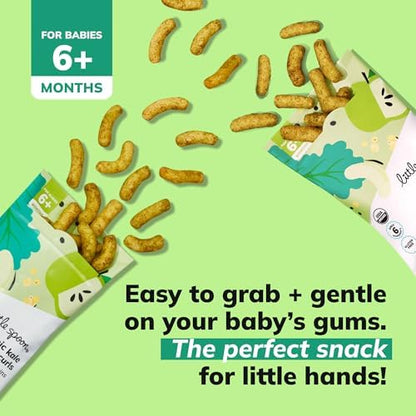 Nutritional facts and six simple ingredients label on Little Spoon baby puffs packaging