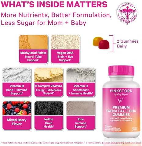 Pink Stork prenatal gummies supplement facts nutrition label