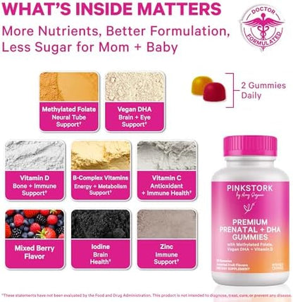 Pink Stork Prenatal Gummies with DHA supplement facts label
