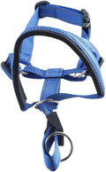 Barkless no pull dog head collar front view showing blue nylon material and padded muzzle strap