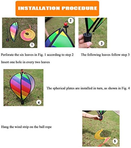 Set of three colorful wind spinners installed in a backyard lawn