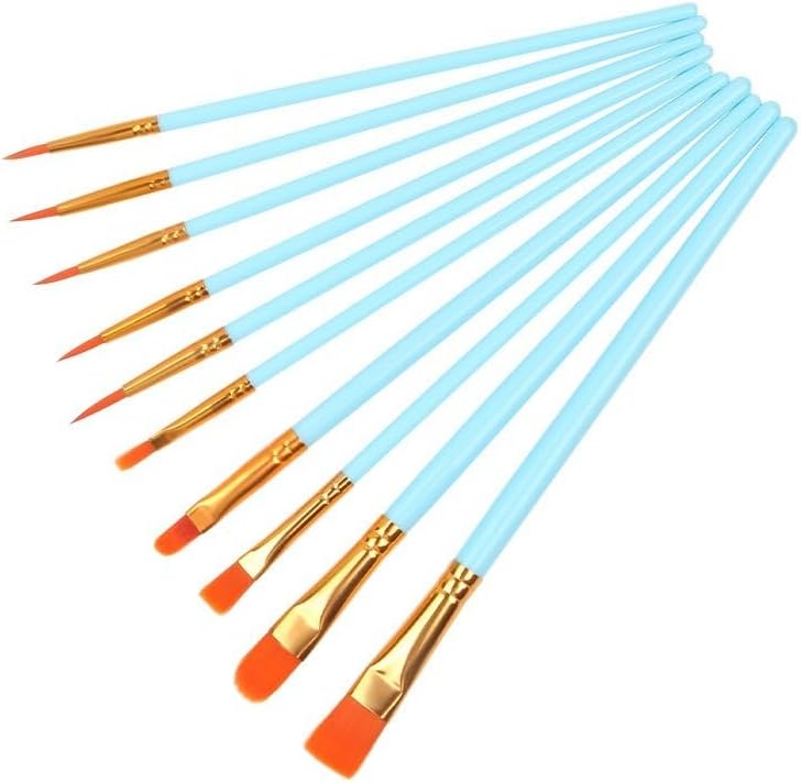 Gernie acrylic paint brush set front view showing ten sky blue round tipped brushes.