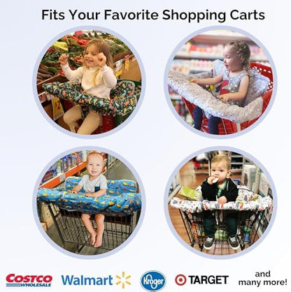 Suessie dinosaur grocery cart cover rolled up into its compact carry bag