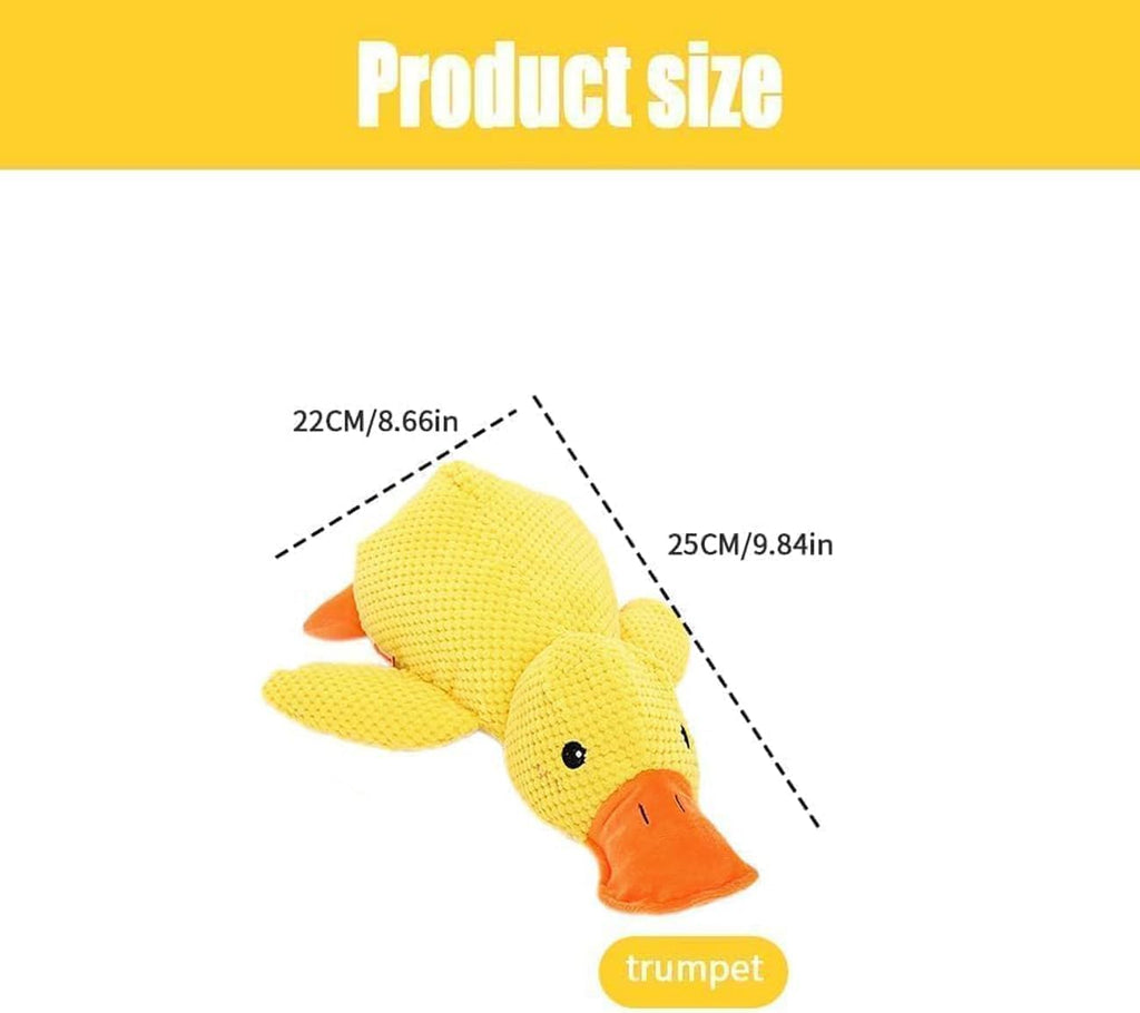 Dimensions display of yellow duck calming toy for dogs