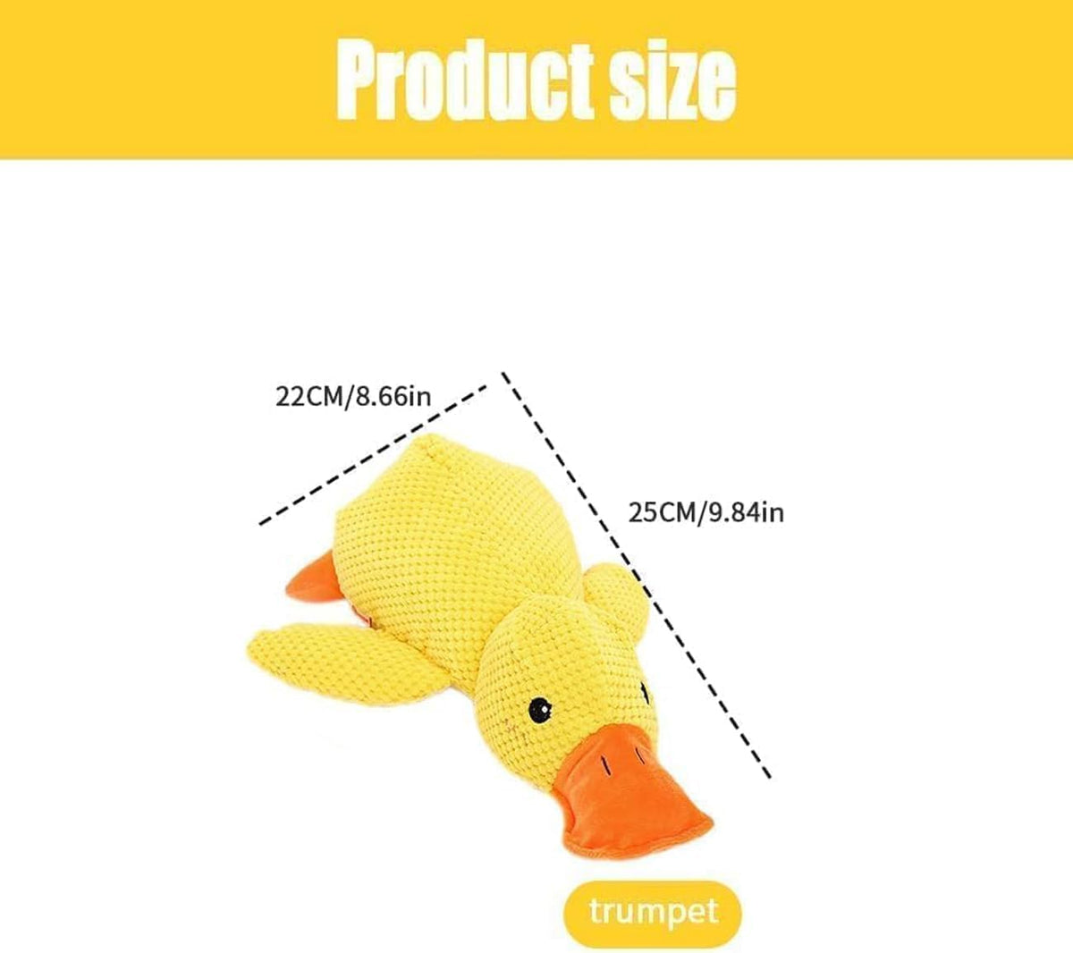 Dimensions display of yellow duck calming toy for dogs