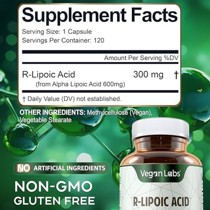 Authentic Vegan Labs R-Lipoic Acid packaging showing cGMP certification details
